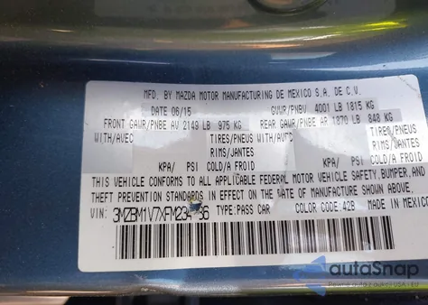 2015 Mazda Mazda3 I Touring из США, поврежденный, VIN 3MZBM1V7XFM234786